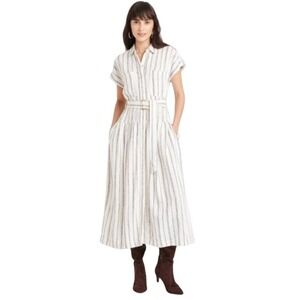 Striped Linen Blend Shirt Dress Midi Button Down Pockets Belted‎ White/Black
